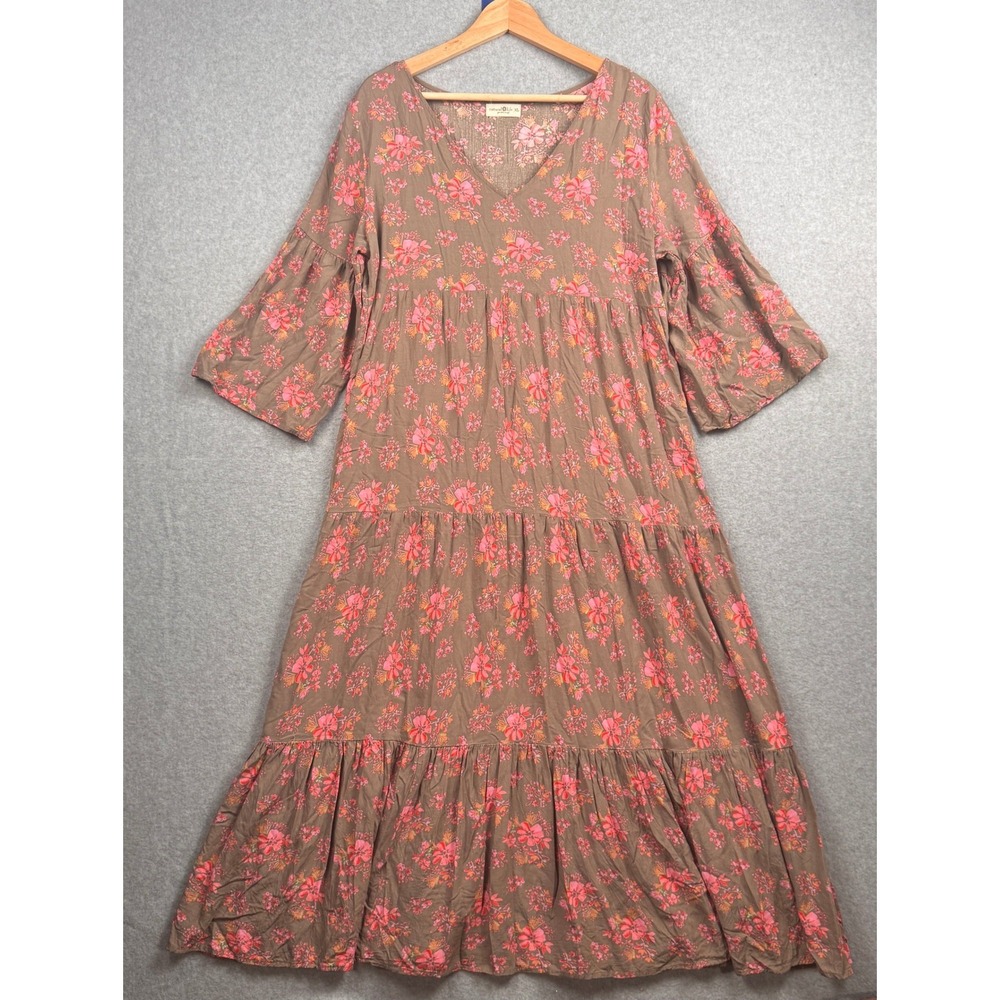 Natural Life Dress Womens XL Brown Pink Floral Tiered Maxi Cottage Boho Earthy